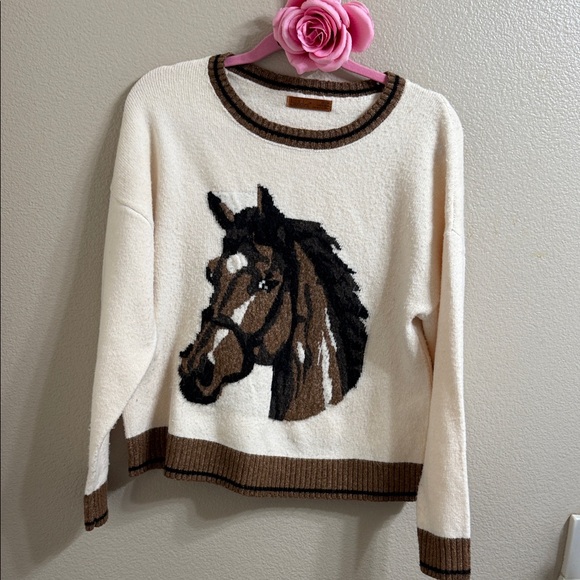 Belldini Cream and Brown Horse Design Sweater - Picture 1 of 6